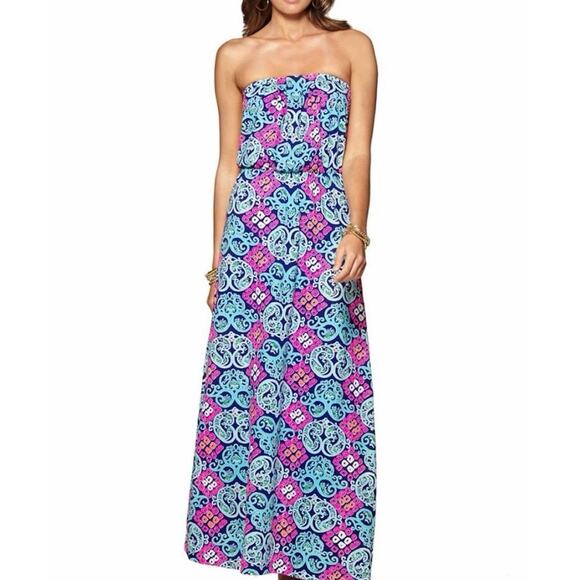 Lilly Pulitzer Marlisa Strapless Pink & Blue Print Jersey Maxi Dress Small - Picture 1 of 5